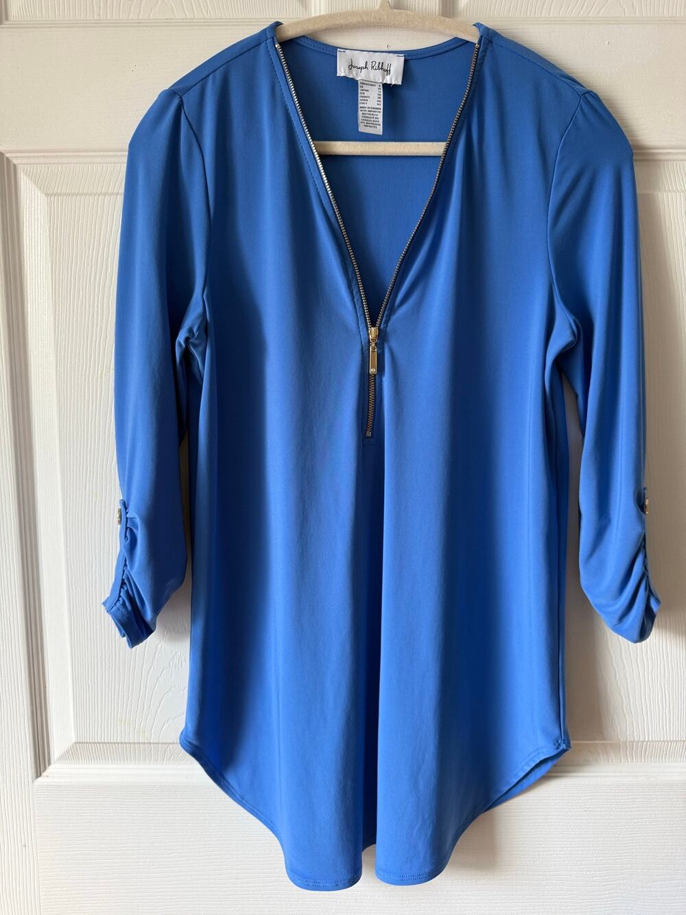 Joseph Ribkoff Blue Quarter Zip Tunic Top Size 8 Ruched Sleeve‎ Career Resort